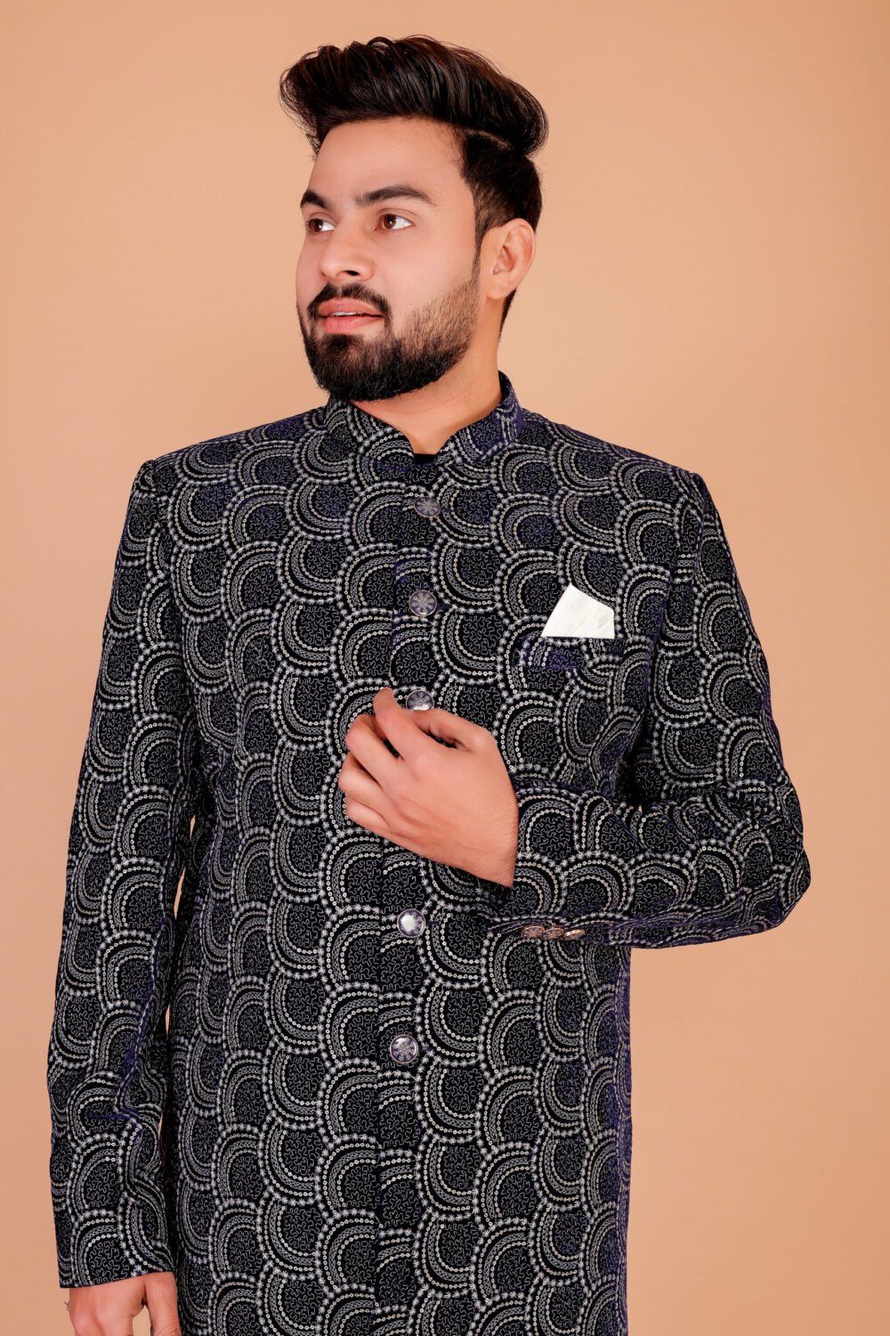Handcrafted Blue Achkan by Blue Style Sherwani