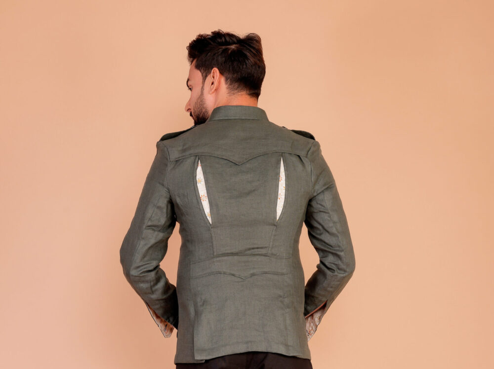 Handcrafted Grey Linen Bush Coat for Men's - Image 7
