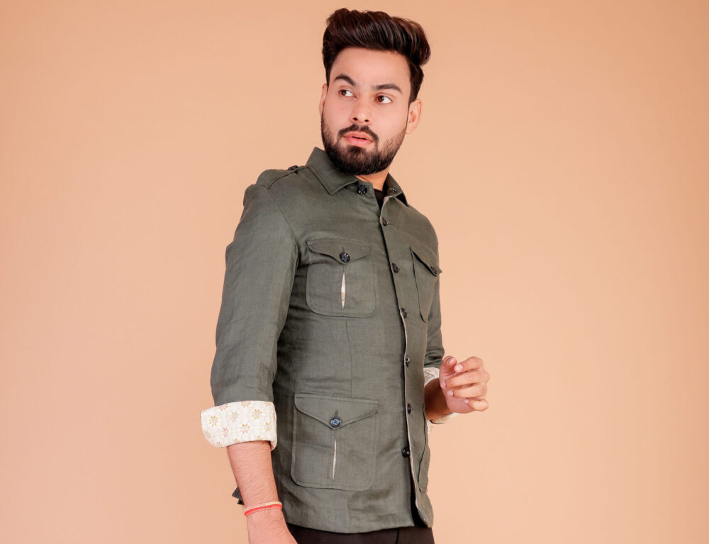 Handcrafted Grey Linen Bush Coat for Men's - Image 6
