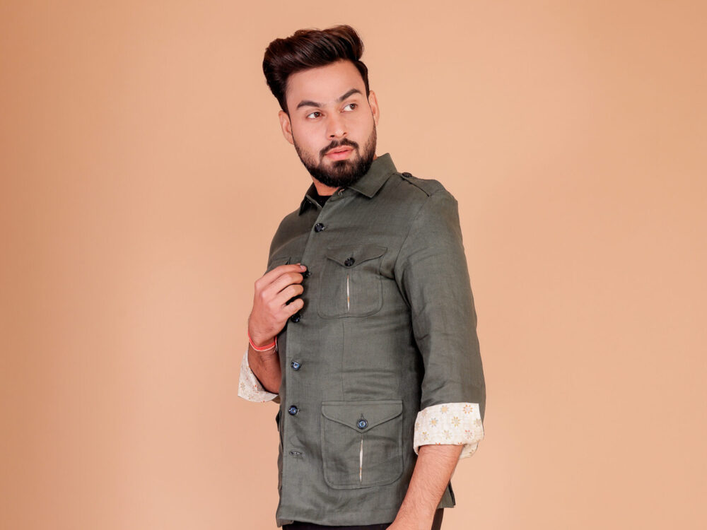 Handcrafted Grey Linen Bush Coat for Men's - Image 5