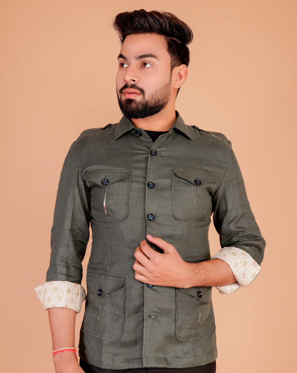 Handcrafted Grey Linen Bush Coat for Men's