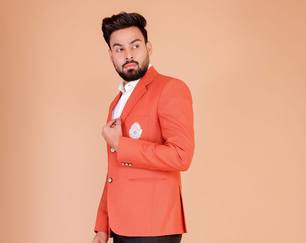 Stylish Men's Orange Solid Slim-Fit 2-Button Blazer - Image 6